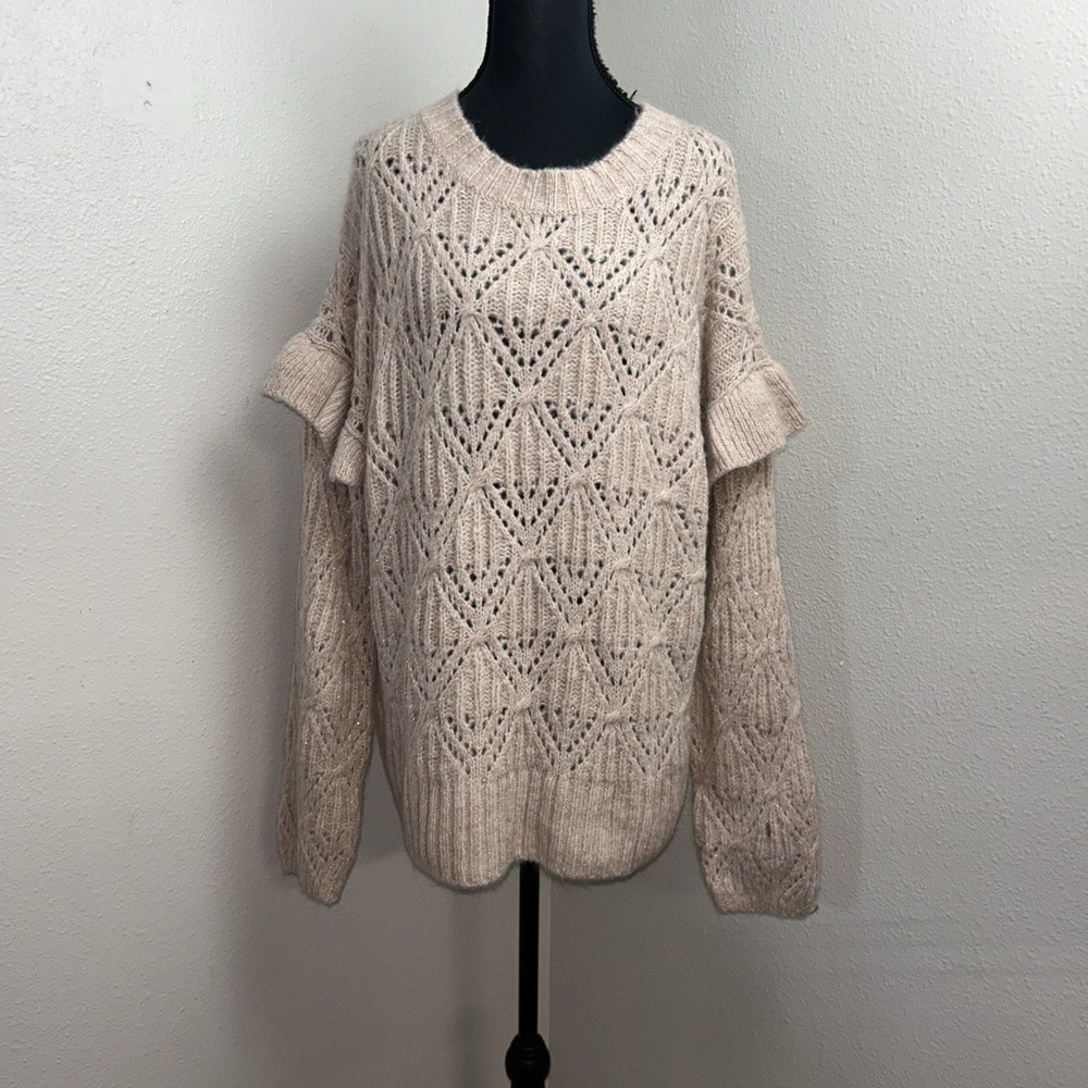 Old Navy‎ Cozy Knit Sweater Women's Large Pink Ruffle Trim Pointelle Long Sleeve